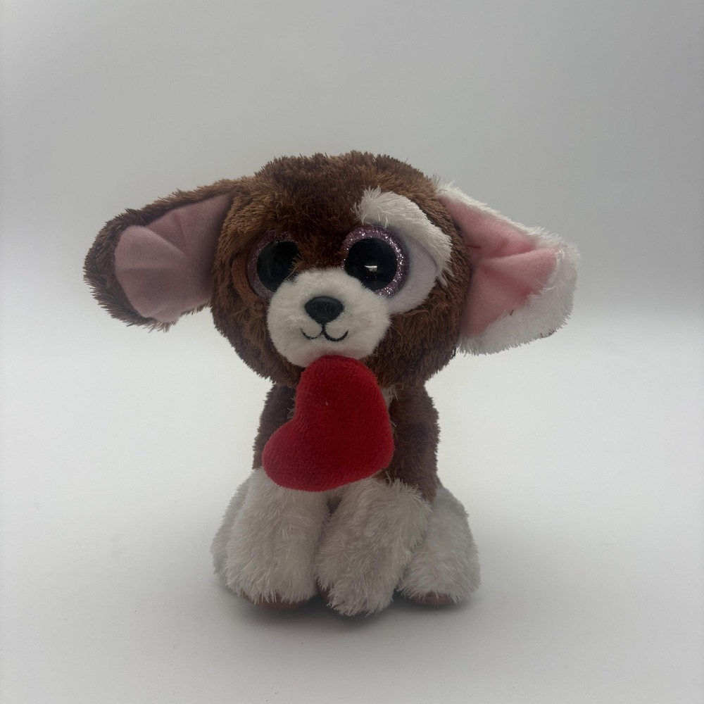 Ty Beanie Boos‎ Cuddles Brown Puppy Dog Small Plush Stuffed Animal Toy Red Heart